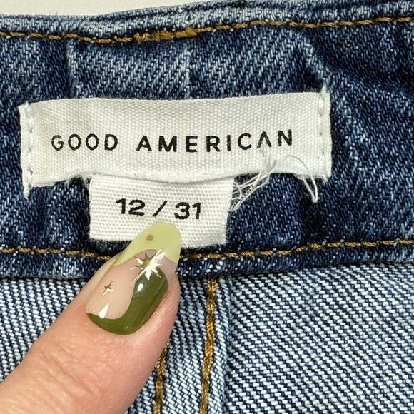 Good American Good Curve Raw Hem Straight Crossover Jeans Size 12 31 Asymmetric - Picture 6 of 11